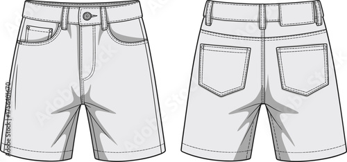 CAD drawing flat vector illustration of women’s denim shorts, front and back view, technical fashion sketch for garment design