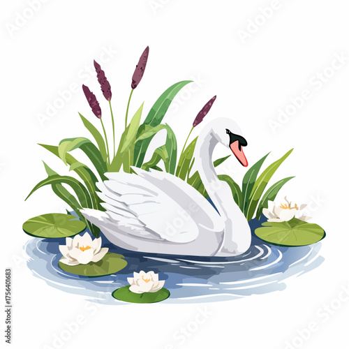 Schwan auf Teich mit Seerosen