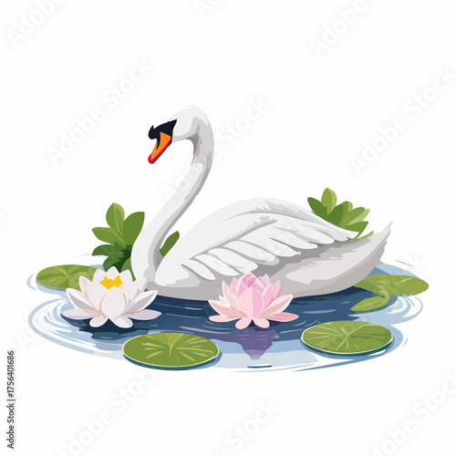 Schwan auf Teich mit Seerosen