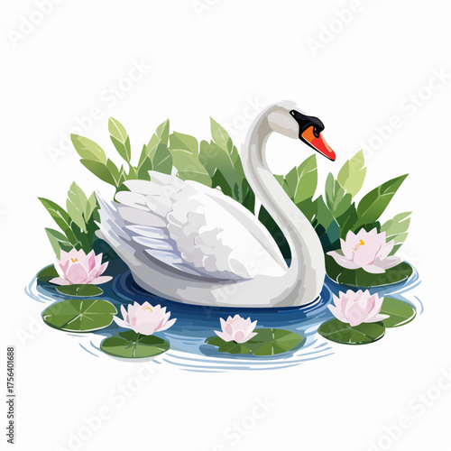 Schwan auf Teich mit Seerosen