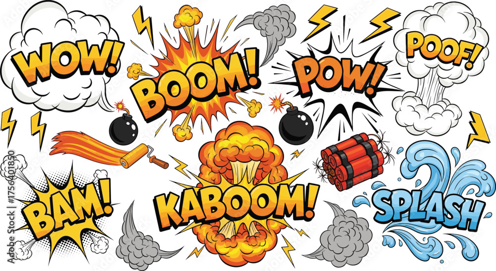 Obraz premium Comic-style explosion icons, WOW BOOM POW bursts, lightning bolts, smoke clouds, dynamic action symbols, graphic design, colorful impact expressions