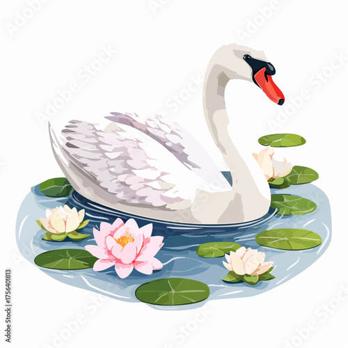 Schwan auf Teich mit Seerosen