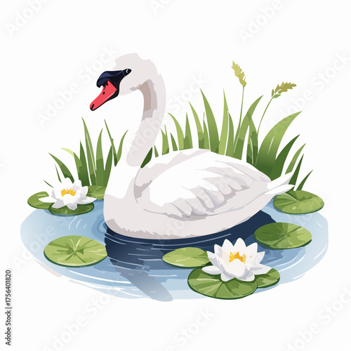 Schwan auf Teich mit Seerosen