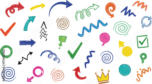 Wallpaper Mural Colorful hand-drawn sketch icons, arrows, speech bubbles, crowns, check marks, spirals, abstract shapes, vibrant symbols, creative design elements Torontodigital.ca