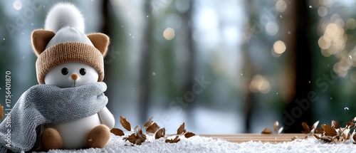 A joyful snowman stands in a peaceful winter forest, dressed warmly with a hat and scarf, surrounded by fresh snow and pine trees