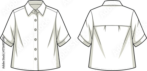 CAD drawing flat vector illustration of short sleeve shirt with collar, front button placket, back yoke, modern casual fashion design