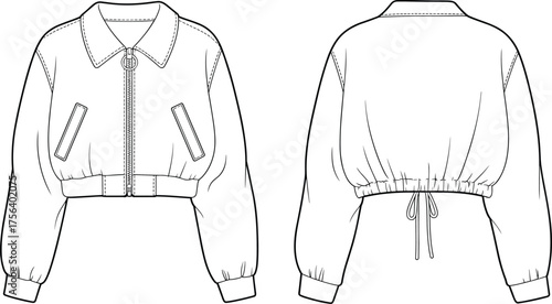 CAD drawing flat vector illustration of women’s bomber jacket with collar, zip front, drawstring waist, technical fashion sketch design