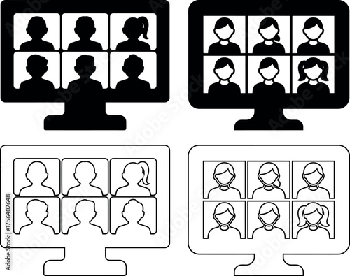 Video conference call on computer screen with people silhouettes icon