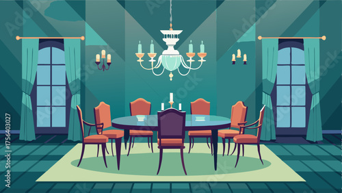 A dining room with a modern twist on a traditional Victorian chandelier surrounded by elegant antique chairs and a contemporary glass table.