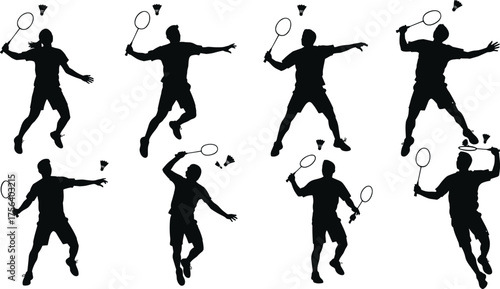 Black Silhouette Badminton Players in Action, Set of Dynamic Poses with Rackets and Shuttlecocks, Vector Illustration