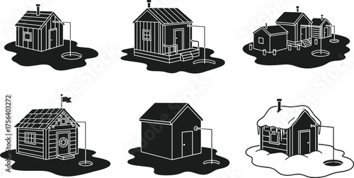 Black and White Ice Fishing Hut Silhouettes, Winter Cabin Set, Vector Illustrations of Wooden Shelters on Frozen Lake