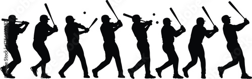 Black Silhouette Baseball Batter Swing Sequence, Hitting Ball Motion, Vector Illustration of Male Player Action Poses