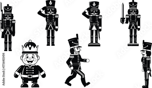 Black Silhouette Nutcracker Soldier Figures, Christmas Toy Guards, and Marching Drummer Vector Illustration Set
