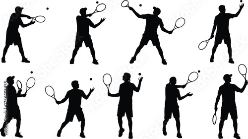 Black Silhouette Tennis Players Serving and Hitting Ball, Set of Male Athletes in Different Action Poses Vector
