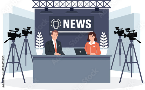 News studio with anchors and cameras