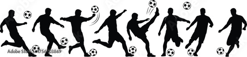 Football soccer player silhouettes kicking running dynamic action set isolated white background team sport competition athleticism skills determination power kick