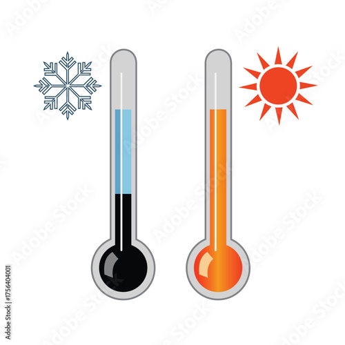 Thermometers showing cold and hot temperatures, representing weather, climate, and seasonal changes