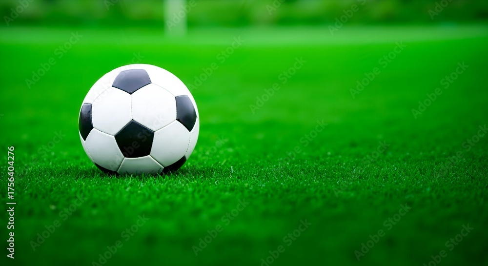 Fototapeta premium Soccer ball on green grass with a blurred background. Represents the energy of sports, a game, and fitness activities for football league promotions