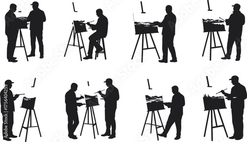 Painters silhouettes set, artists creating landscape art, painting on easel, outdoor plein air studio, vector illustration collection