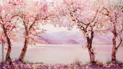 Delicate watercolor painting of cherry blossom trees by a serene lake in soft pastel tones, tranquil artistic landscape perfect for spring nature illustration and wall decor.