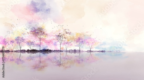 Delicate watercolor painting of cherry blossom trees by a serene lake in soft pastel tones, tranquil artistic landscape perfect for spring nature illustration and wall decor.