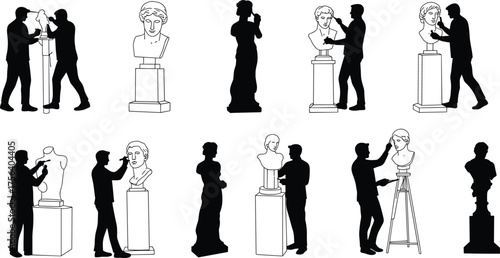 Sculpture art studio silhouettes, marble bust making, artists sculpting process, classic statues, outline vector illustration set