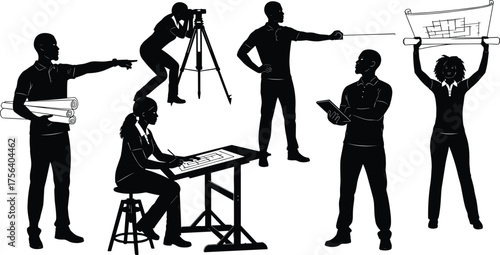 Set of Architect and Engineer Silhouettes with Blueprints, Drafting Tools, and Surveying Equipment, Representing Construction and Design
