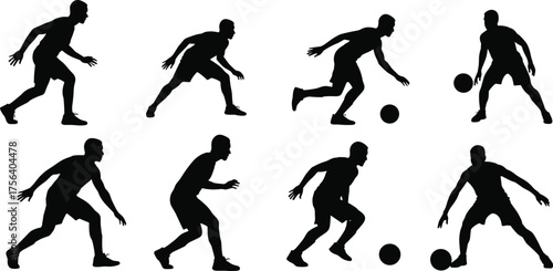 Set of Black Basketball Player Silhouettes in Various Dribbling and Defensive Poses for Sports, Game, and Athlete Graphic Design Concepts