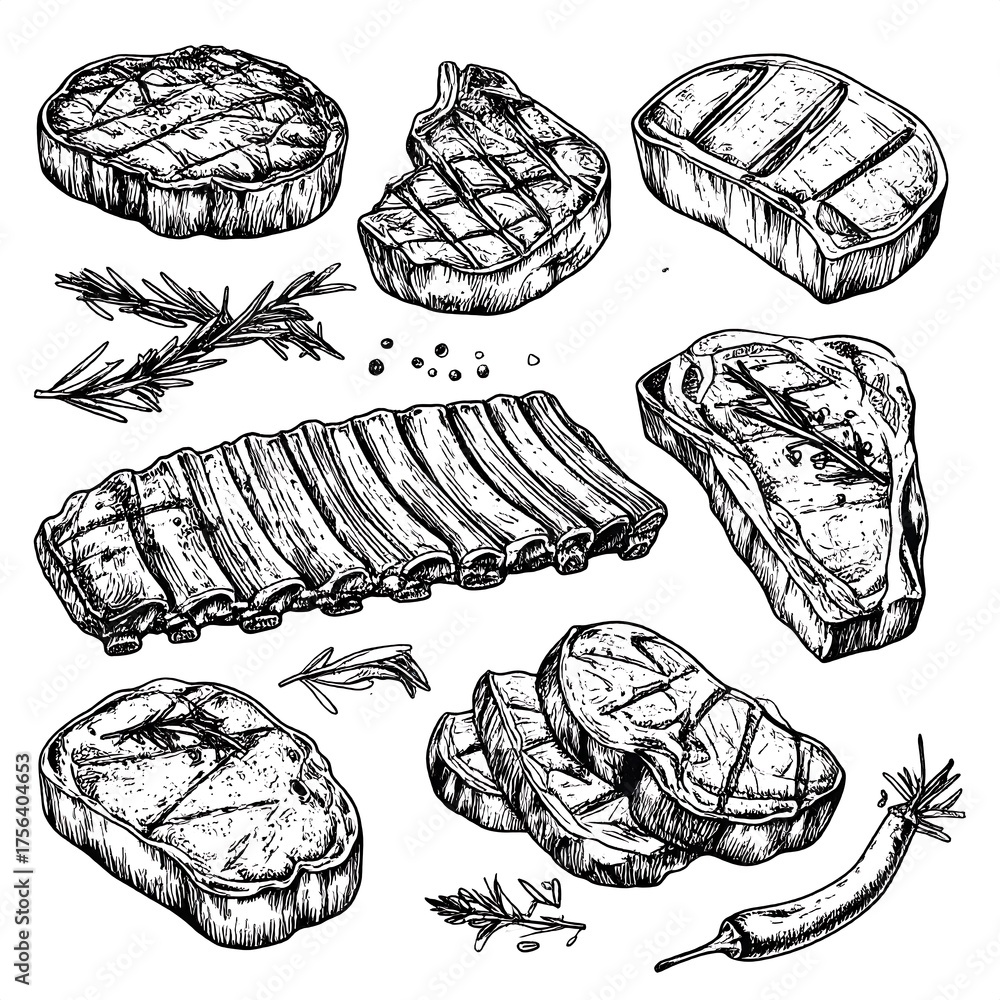 Fototapeta premium A grayscale illustration showcasing assorted grilled meat cuts with herbs and spices. Depicting a variety of cuts, meticulously detailed