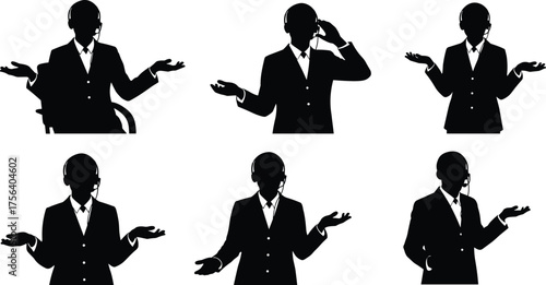 Set of Call Center Agent Silhouettes, Customer Service Representatives with Headsets and Helpful Gestures, Support and Communication Icons