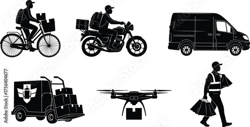 Set of Delivery Service Silhouettes Showing Various Modern Transportation Methods: Bike, Motorcycle, Van, Drone, and Courier Icons
