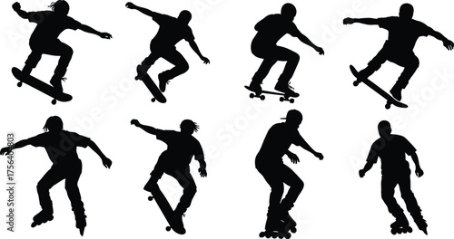 Set of Skateboarder and Rollerblader Silhouettes in Action Poses, Illustrating Urban Sports, Youth, Movement, and Extreme Activity Vectors
