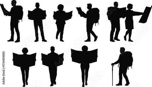 Travelers map reading silhouettes set, tourists and hikers, finding directions, navigation, vector illustration collection