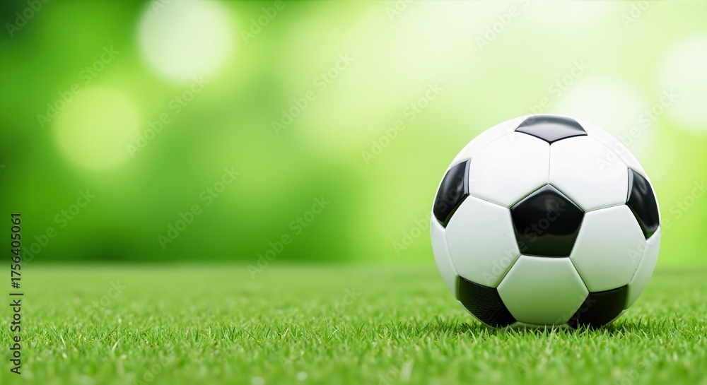 Fototapeta premium Soccer ball on green grass with a blurred background. Represents the energy of sports, a game, and fitness activities for football league promotions