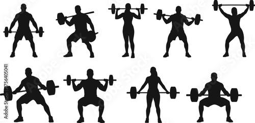 Weightlifting silhouettes set, people performing barbell squats, fitness, power training, cross training, vector illustration collection