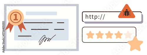 Certificate with award ribbon, security alert on link with bug icon, and 5-star review system. Ideal for cybersecurity, trust, online reviews, certification, safety, quality simple flat metaphor