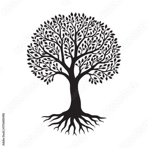 A simple black vector silhouette of a tree with visible roots, symbolizing growth and nature's life throughout the seasons