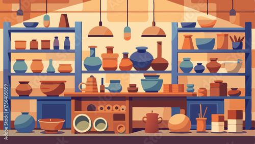 A ceramics studio with pottery wheels and shelves full of artwork.