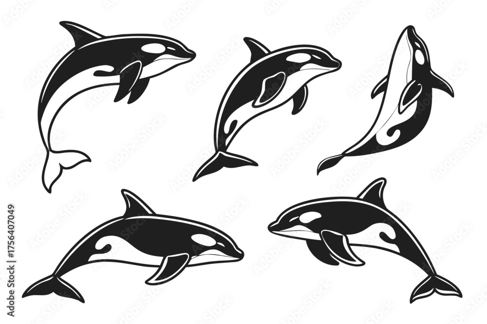 Naklejka premium Minimalist orca whale icon set in black and yellow