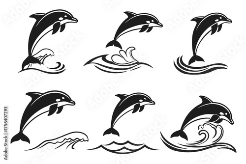 Playful dolphin and minimalist waves icon set