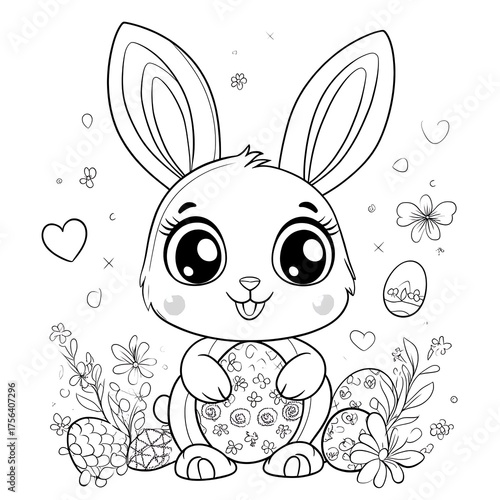 Cute easter bunny holding a decorated egg surrounded by flowers and hearts coloring page