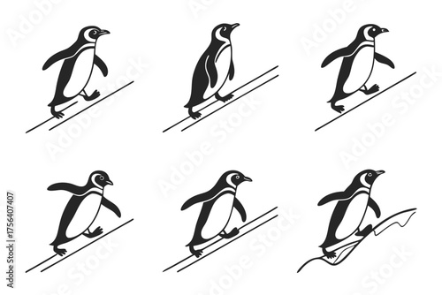 Playful penguin sliding icon set minimalist design