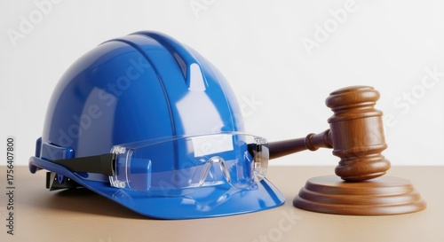 Construction Safety Gear and Gavel Symbolizing Legal Oversight and Compliance