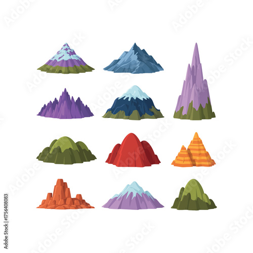 Collection of nine colorful cartoon mountains and rock formations landscape nature