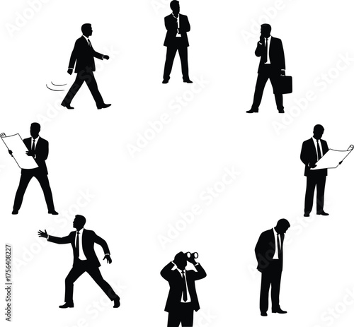 Businesspeople silhouettes in circle, teamwork, leadership, planning, decision making, vision, corporate strategy, brainstorming, success, professional growth, workplace dynamics