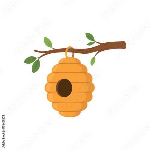 Orange beehive hanging from a brown branch with green leaves bee house apiary