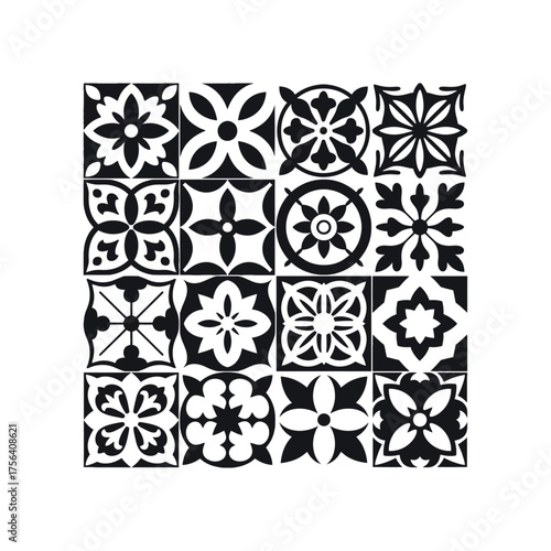 Black and white floral geometric patterns on square tiles vector