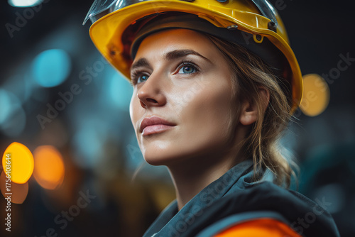 Middle-aged female engineer wearing a safety helmet in an industrial workplace, blurred background, warm tones.
