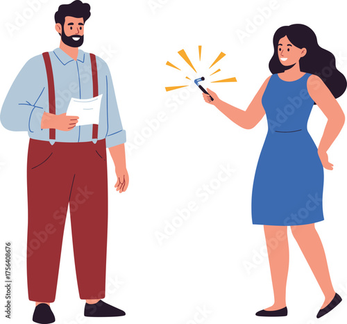 Interview illustration with journalist, reporter holding microphone, man answering questions, communication concept, media interaction, public speaking, press conference, journalism artwork