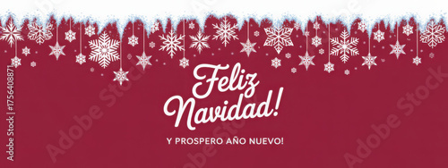 Elegant Feliz Navidad banner with snowflakes and snow a festive design for holiday greetings and social media on a red background